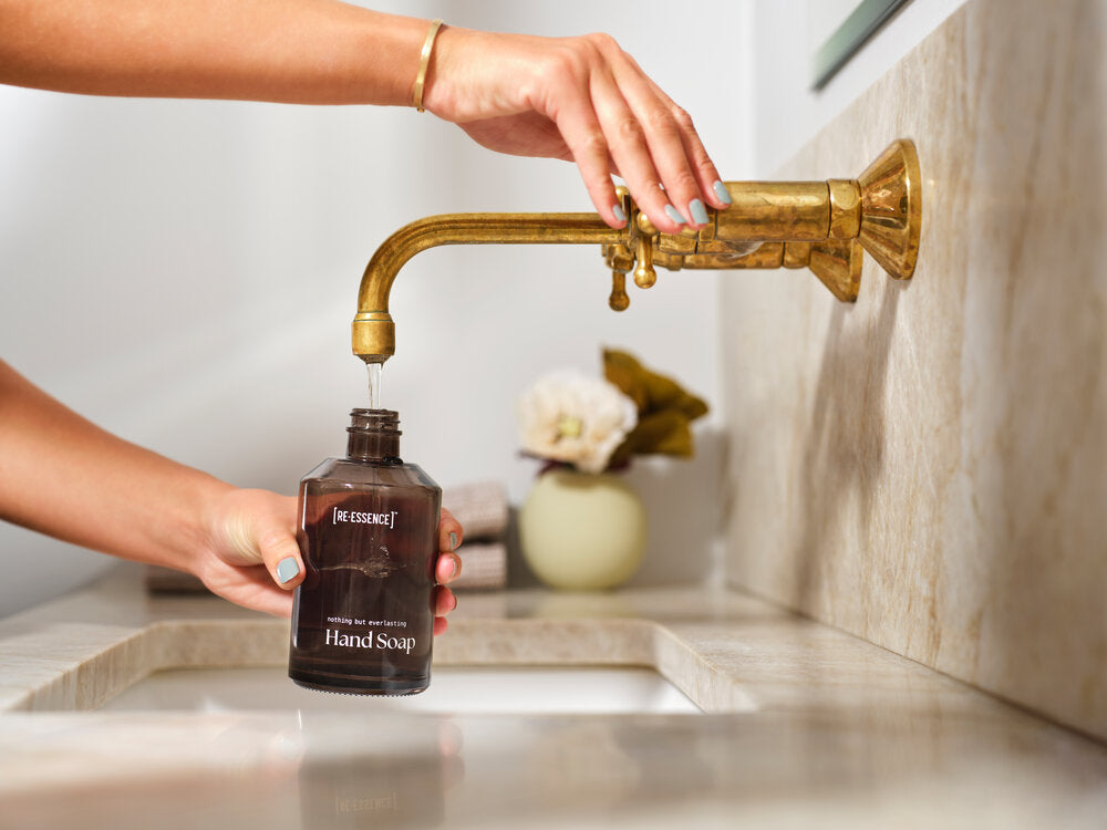 Håndsæbesæt m. genanvendelig glasdispencer - lavendel/fyrrenål